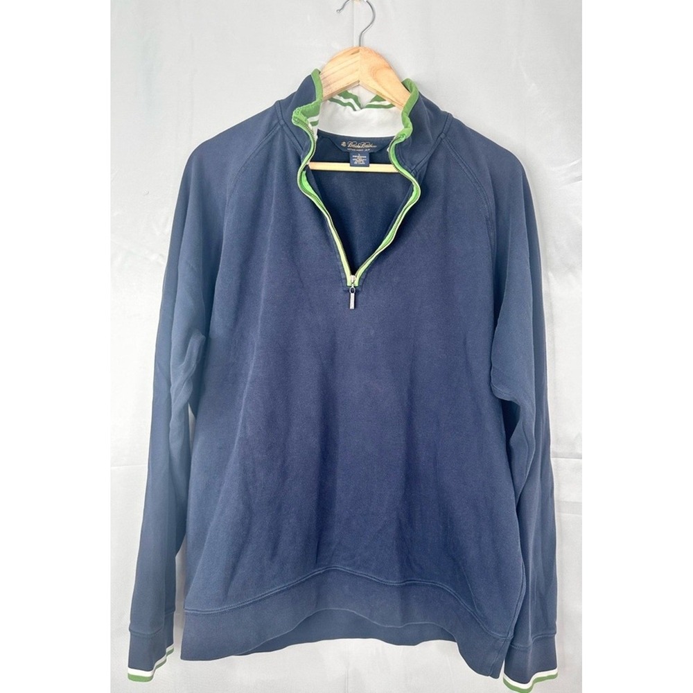 Brooks Brothers 1818 Mens Navy Blue Lime Green Trim Quarter Zip Sweatshirt XL